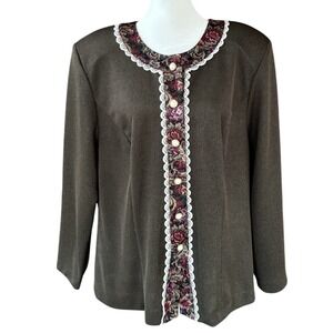 VTG 60s Shimmery Moss Green Pearl Button Top Womens 18W Floral Lace Trim Grandma